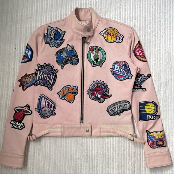 Jeff Hamilton NBA All Teams Patchwork Pink Leather Jacket - Picture 1 of 10